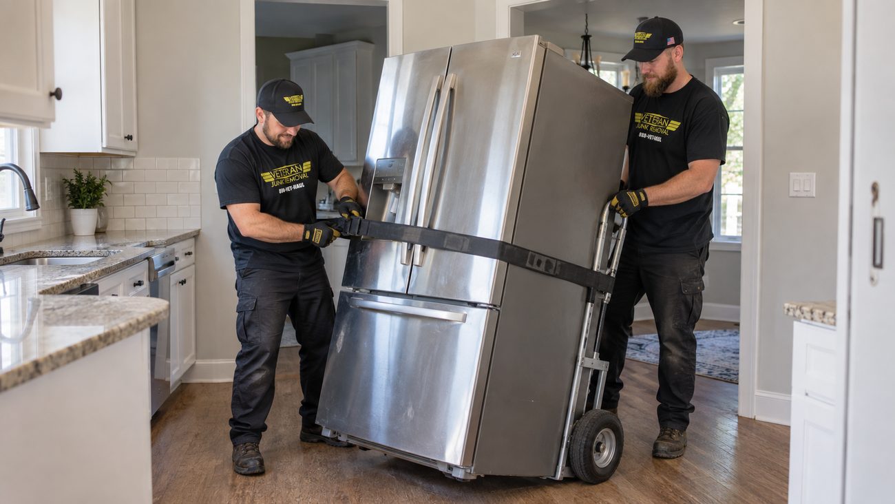 Two Veteran Junk Removal crew members wheeling a refrigerator out of a kitchen on a dolly