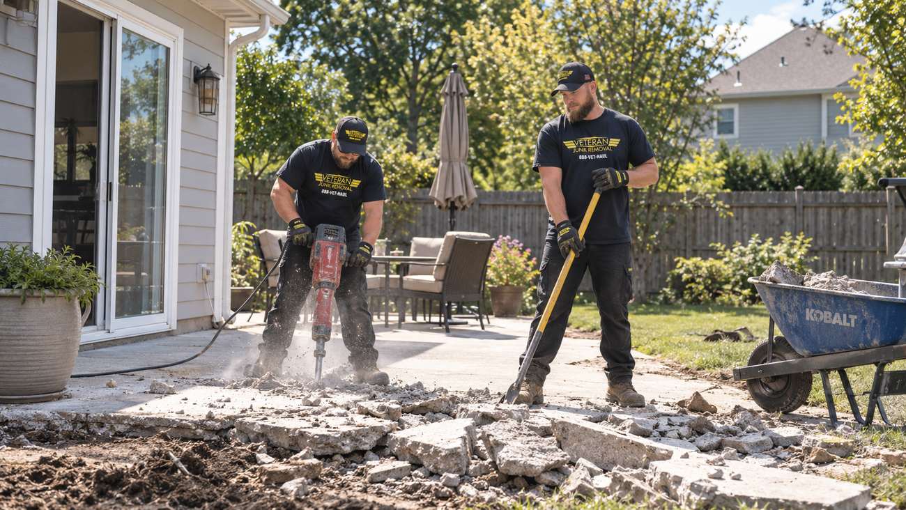 Two Veteran Junk Removal crew members breaking up a concrete patio with jackhammers
