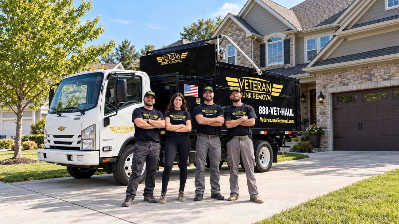 Four Veteran Junk Removal crew members in branded tees and caps in front of the truck