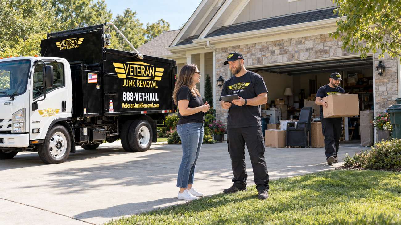 Veteran Junk Removal crew members carrying boxes out of a garage while the customer looks on