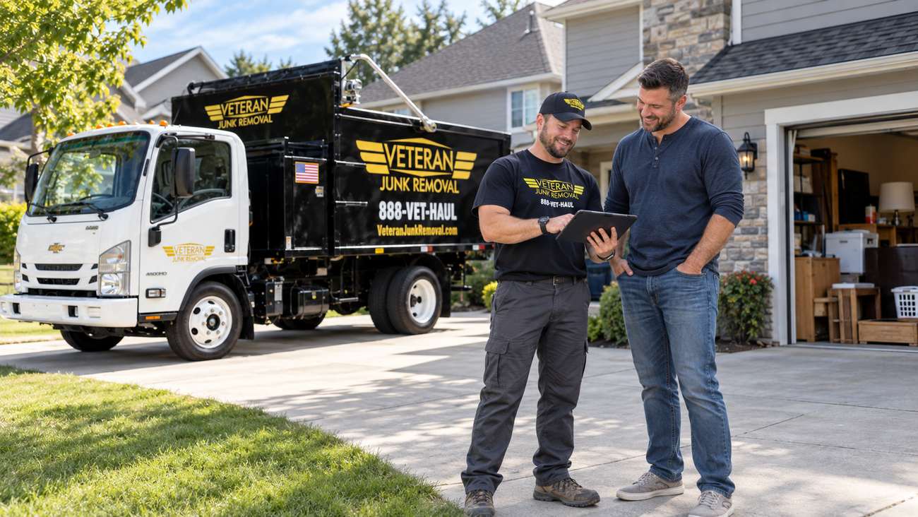 A Veteran Junk Removal crew member going over a garage cleanout with a customer