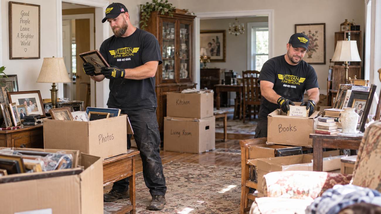 Veteran Junk Removal crew members packing framed photos and boxes during a household cleanout