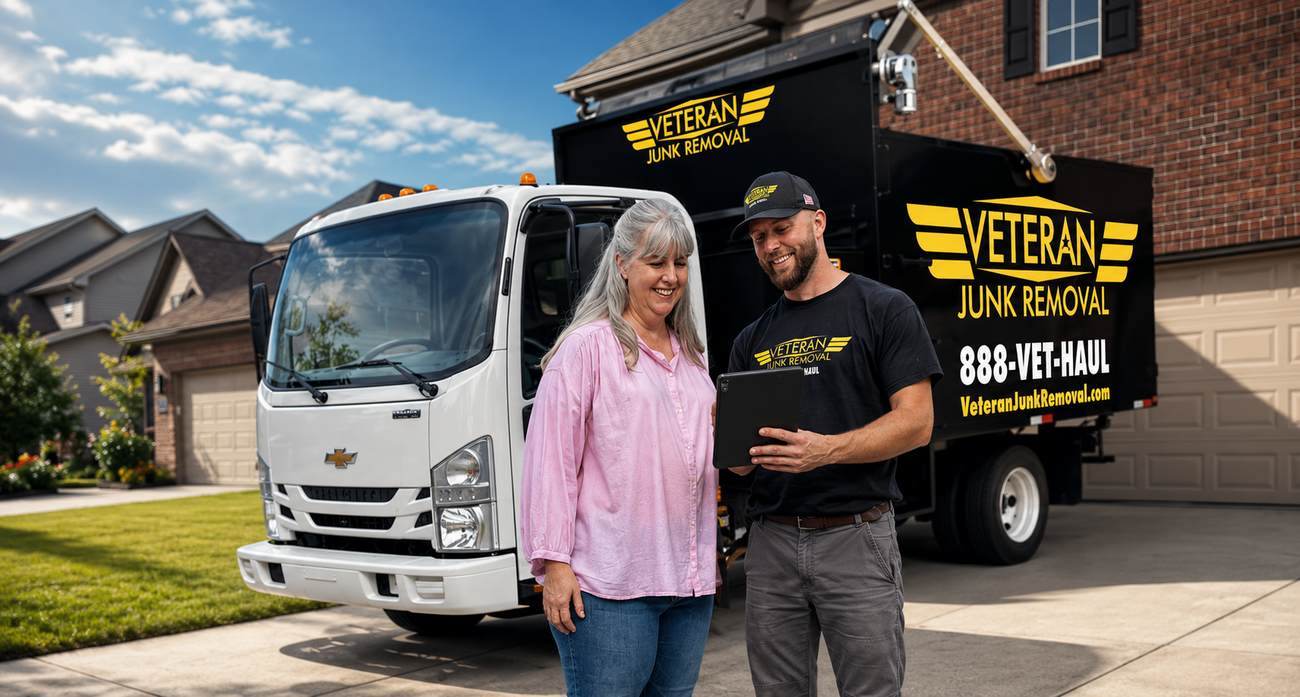A Veteran Junk Removal crew member standing with a customer in front of the branded truck in her driveway