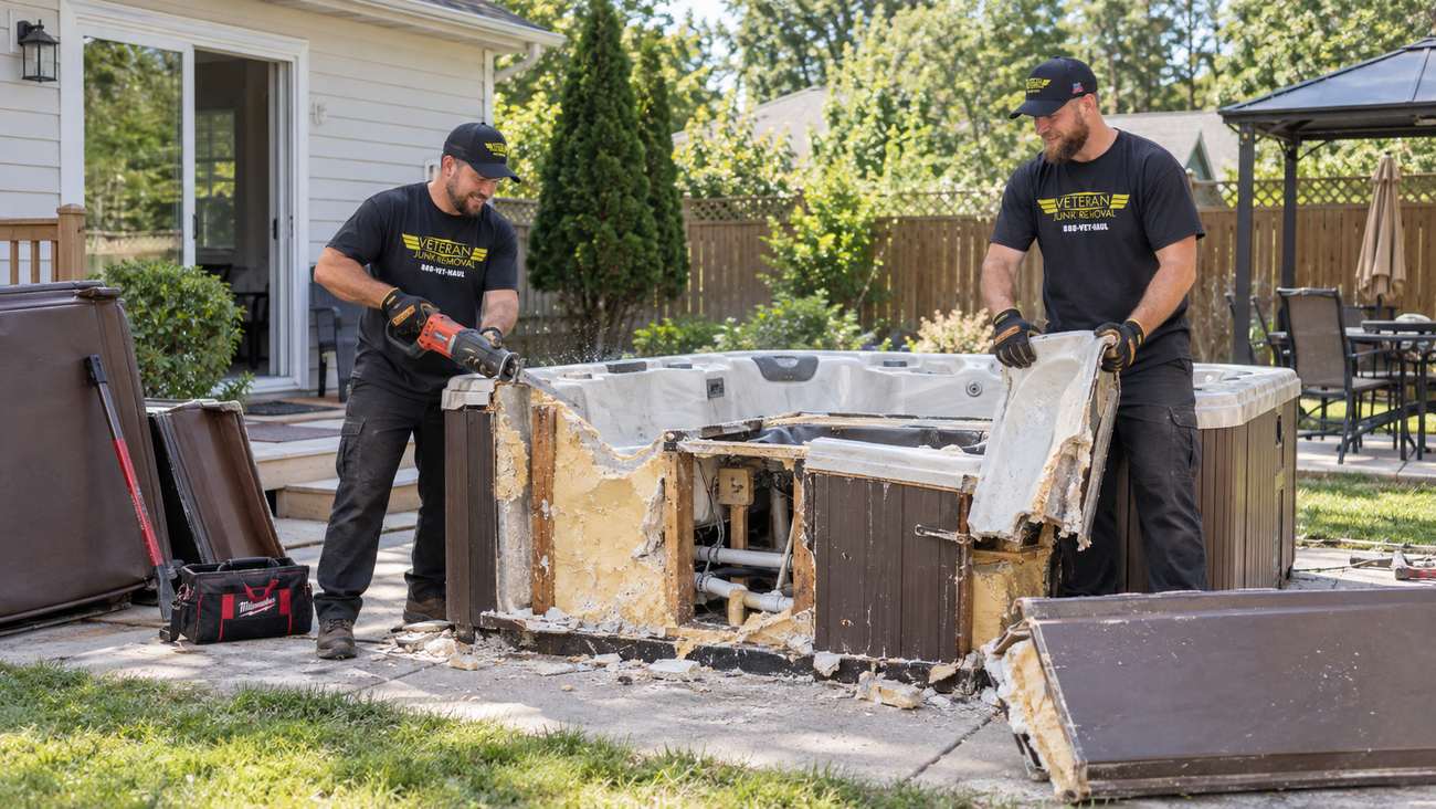 Two Veteran Junk Removal crew members carrying away sections of a dismantled hot tub