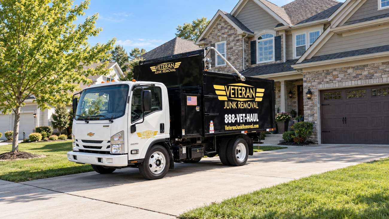 The Veteran Junk Removal truck parked in the driveway of a suburban home