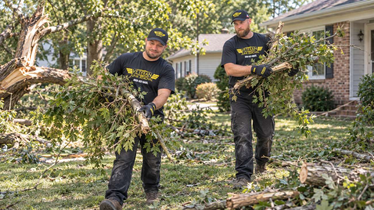 Two Veteran Junk Removal crew members carrying brush and branches out of a yard
